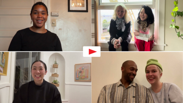 Compilation of screenshots from artist intro videos, showing stills of artists talking about their work.