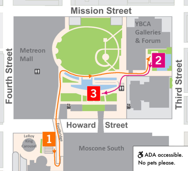 Map of Yerba Buena Gardens with site locations of performance marked